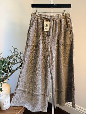 EASEL EASEL MINERAL WASHED TERRY KNIT PALAZZO PANTS 100% COTTON